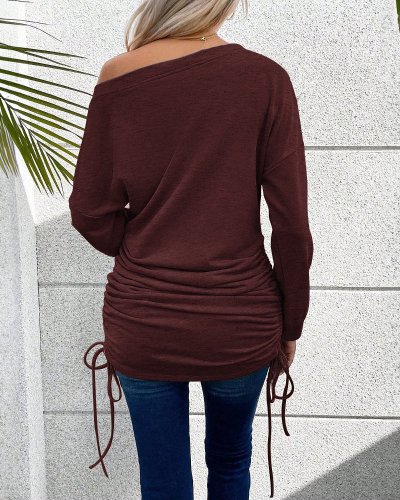 Skew Neck Long Sleeve Side Drawstring Top 🇺🇸