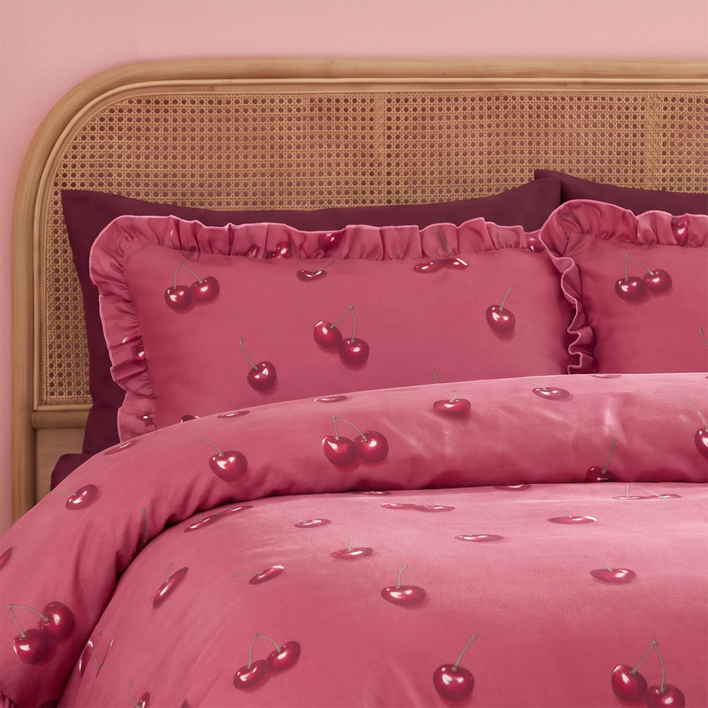 Cherry Printed Frill Edge Duvet Cover Set - Burgundy/Plum 🇬🇧
