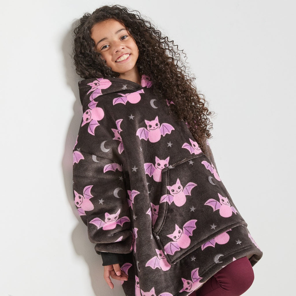 Kids Bat Print Hoodie Blanket - Black 🇬🇧