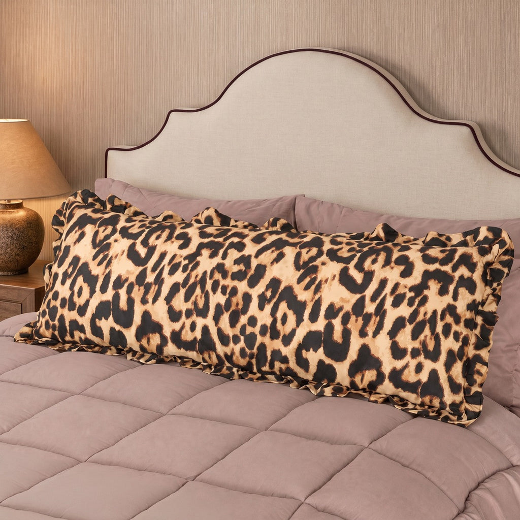 Leopard Print Frill Edge Bolster Pillow - Natural 🇬🇧