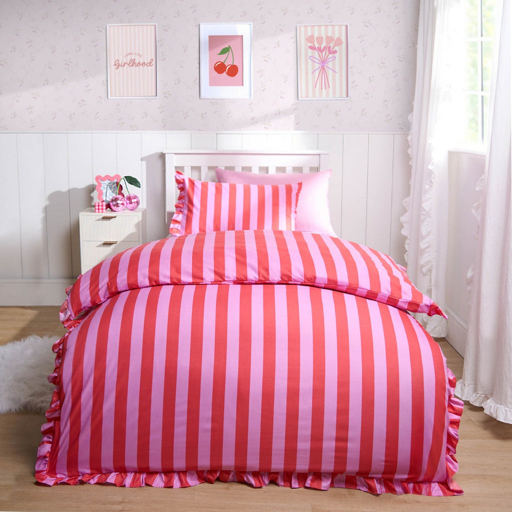Stripe Frill Duvet Cover Set, Pink/Red 🇬🇧