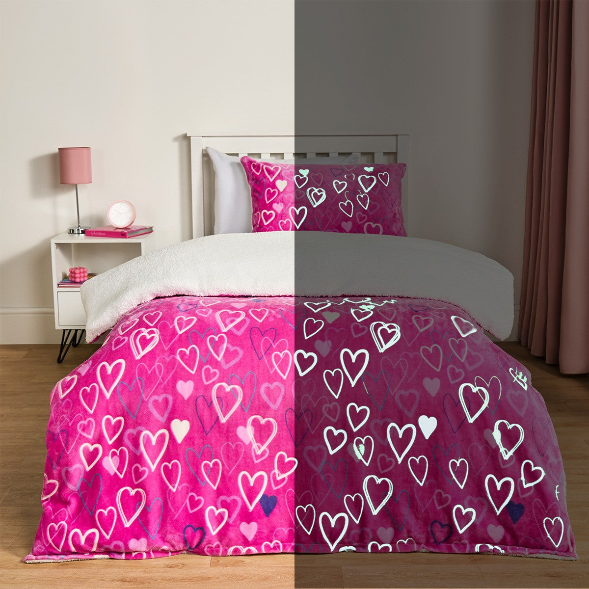 Heart Printed Glow In The Dark Duvet Set - Pink 🇬🇧