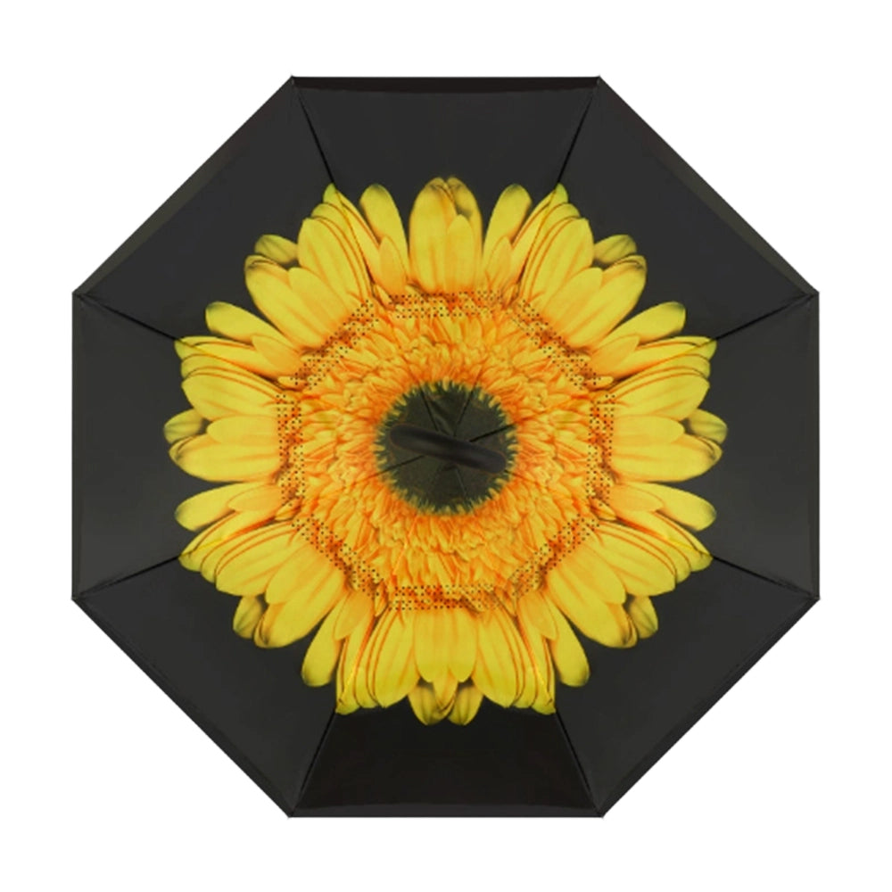 Sunflower Pattern Double Layer Inverted Umbrella Cars Reverse Open Folding Umbrellas Windproof UV Protection Large Self Stand Upside Down Straight Umbrella C Handle 🇬🇧