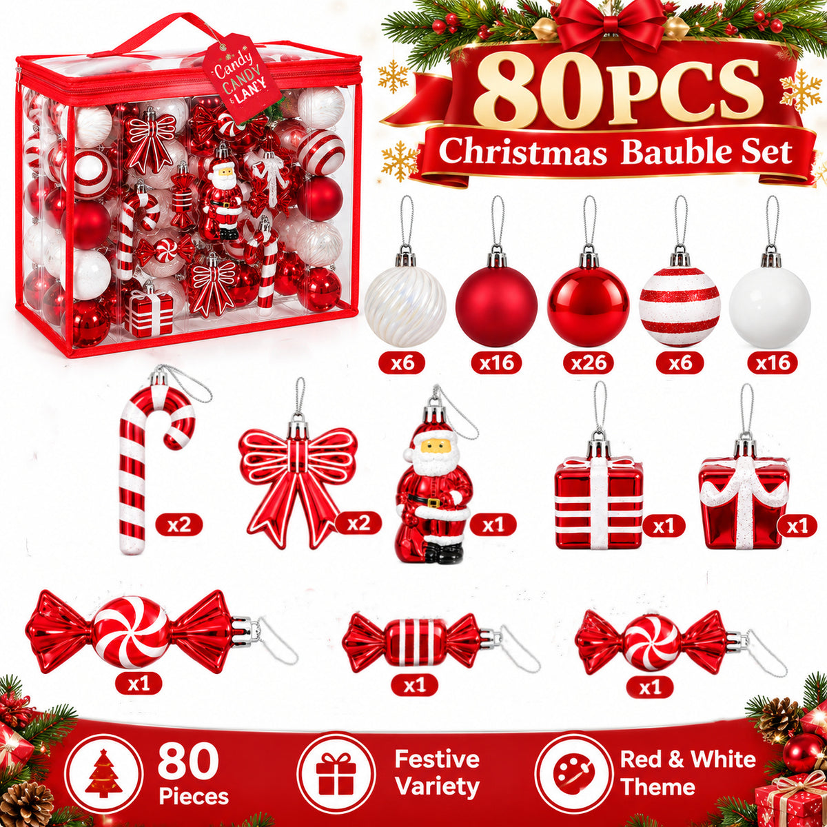 80PCS Christmas Baubles Set Red White Xmas Tree Hanging Decorations Ornaments 🇬🇧