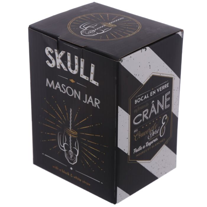 Glass Skull Drinking Jar with Metal Lid & Stripy Straw 🇬🇧