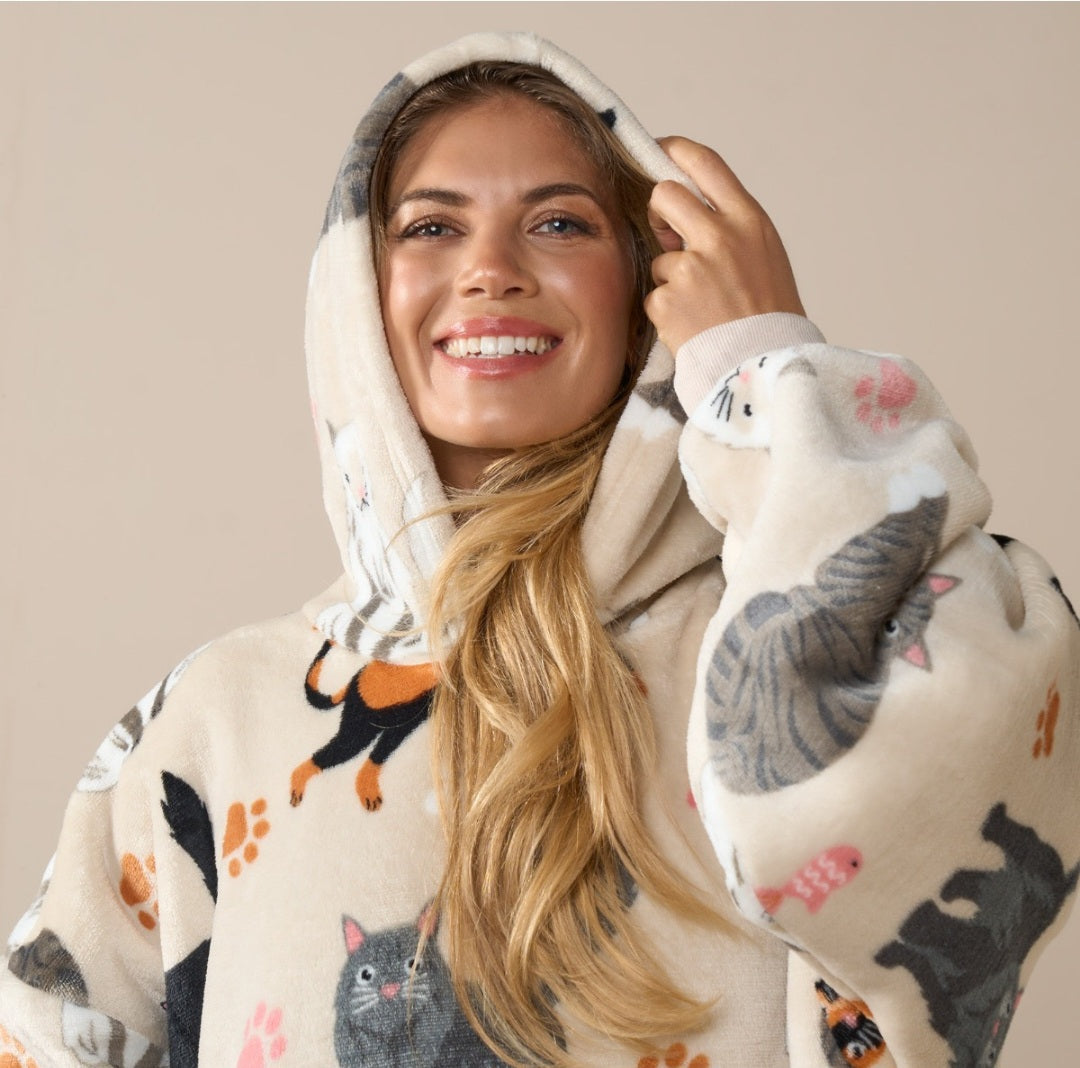 Adults Cat Print Hoodie Blanket - Beige 🇬🇧