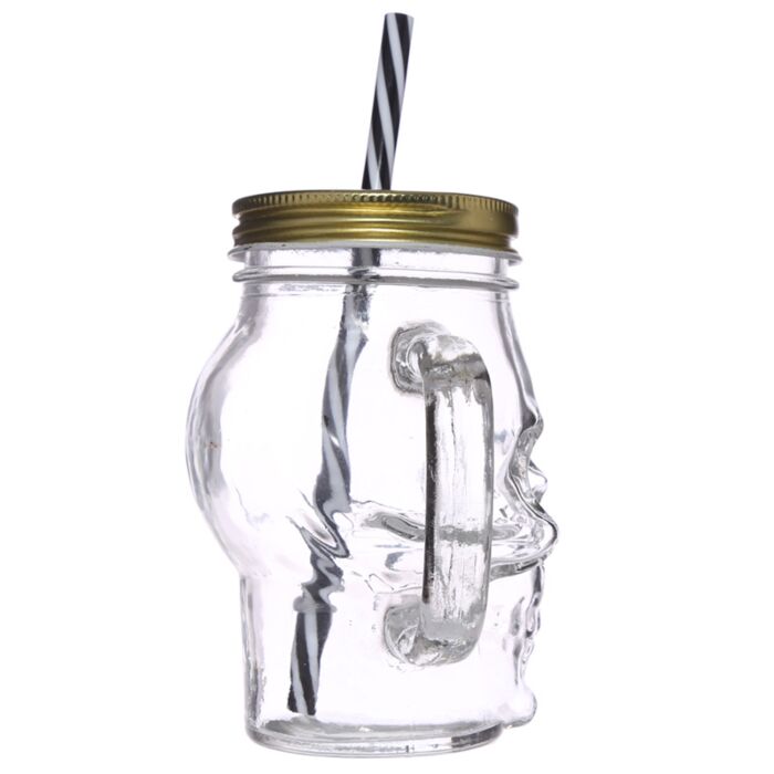 Glass Skull Drinking Jar with Metal Lid & Stripy Straw 🇬🇧