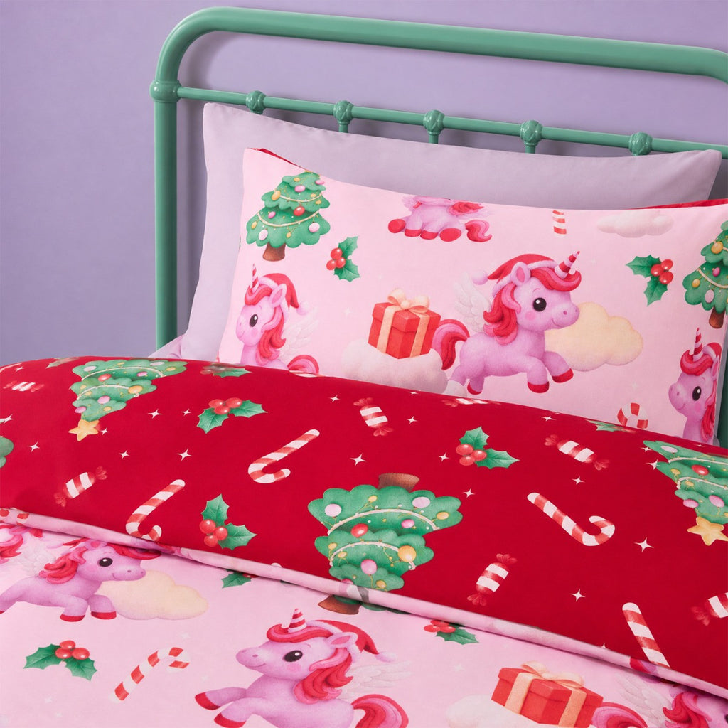 Christmas Unicorn Print Reversible Duvet Cover Set, Pink/Red - Single 🇬🇧
