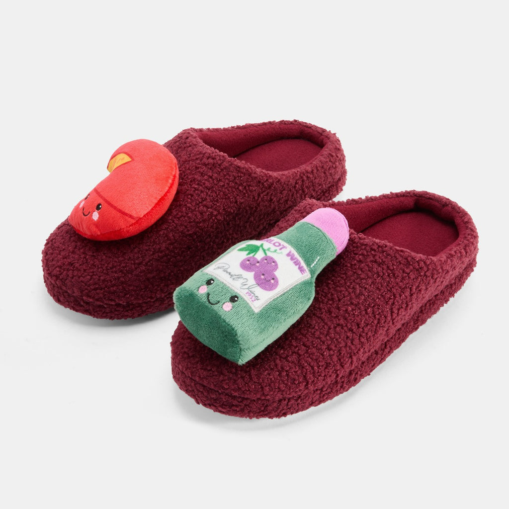 Cheese & Wine Boucle Slippers - Burgundy 🇬🇧