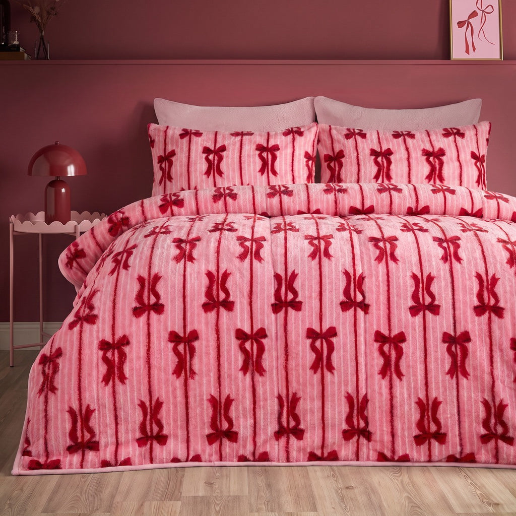 Bow Stripe Print Teddy Coverless 10.5 Tog Duvet Set - Pink 🇬🇧
