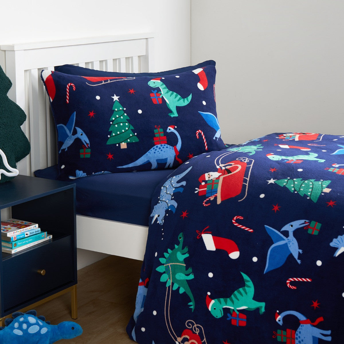 Christmas Dino Fleece Duvet Set, Navy - Single 🇬🇧
