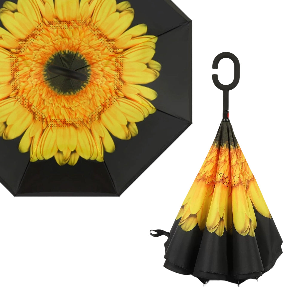 Sunflower Pattern Double Layer Inverted Umbrella Cars Reverse Open Folding Umbrellas Windproof UV Protection Large Self Stand Upside Down Straight Umbrella C Handle 🇬🇧