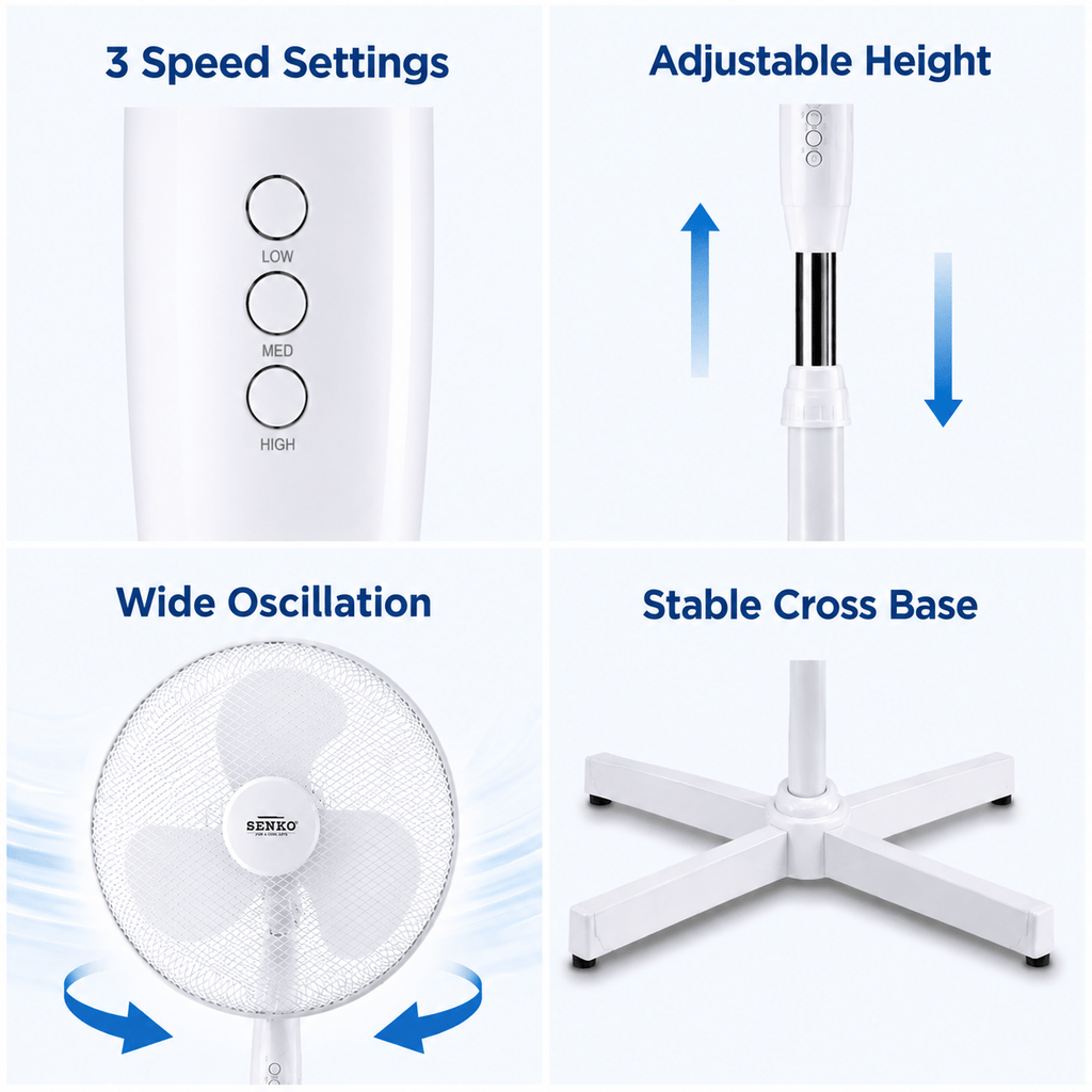 16 Inch Pedestal Fan Cross Base Stand Fan 3 Speed Settings Sturdy Base Portable Fan for Home or Small Office White 🇬🇧