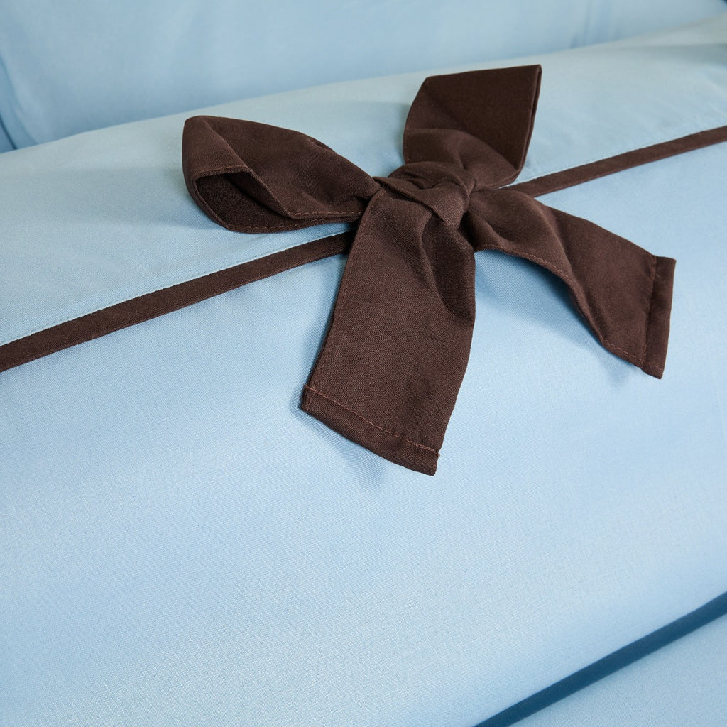 Bow Detail Duvet Cover Set - Blue/Coffee 🇬🇧