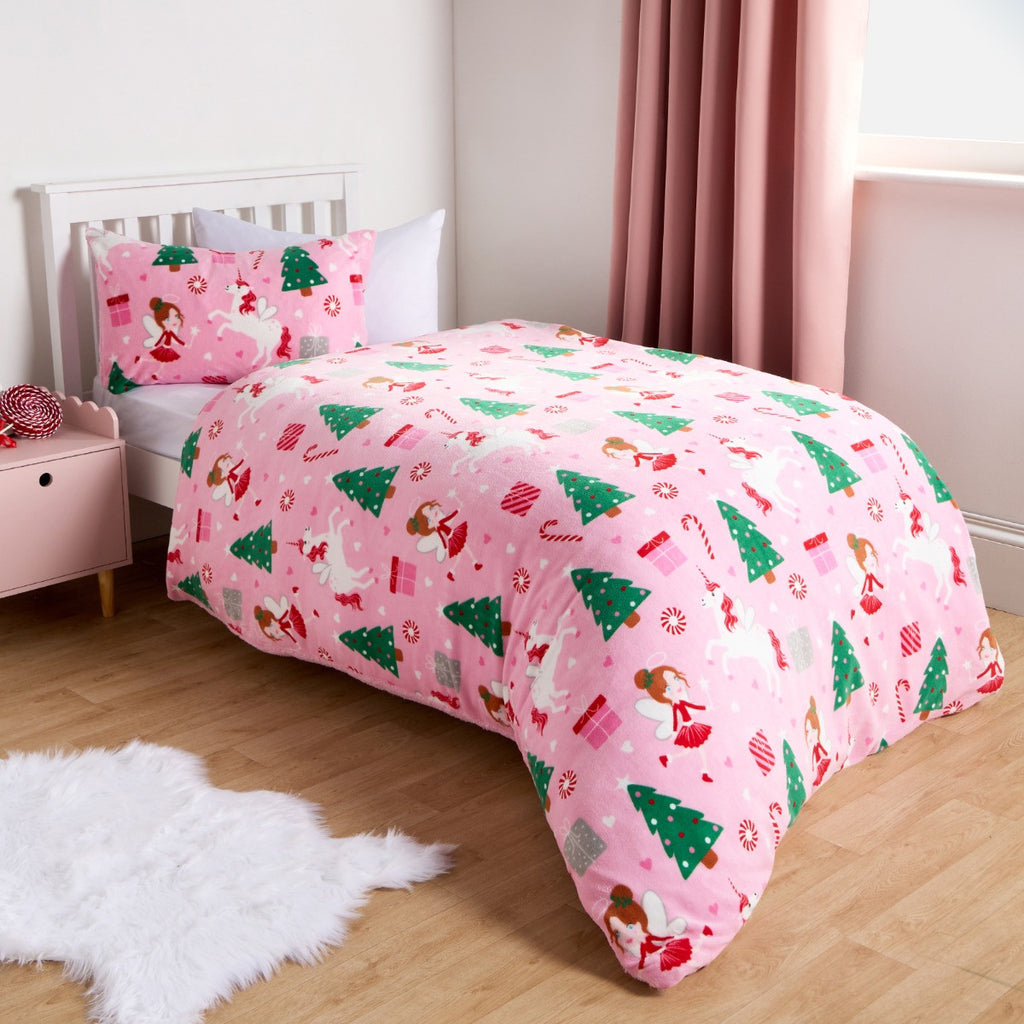 Christmas Unicorn Fleece Duvet Set, Pink - Single 🇬🇧