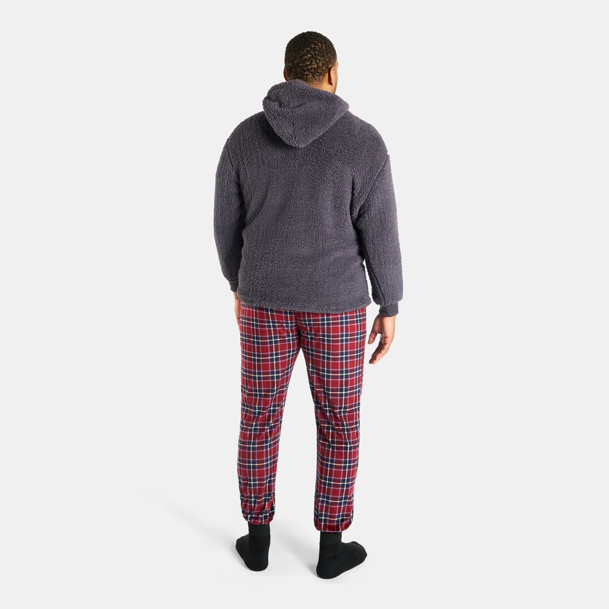 Men's Teddy Hoodie Check Pyjama Set - Burgundy 🇬🇧