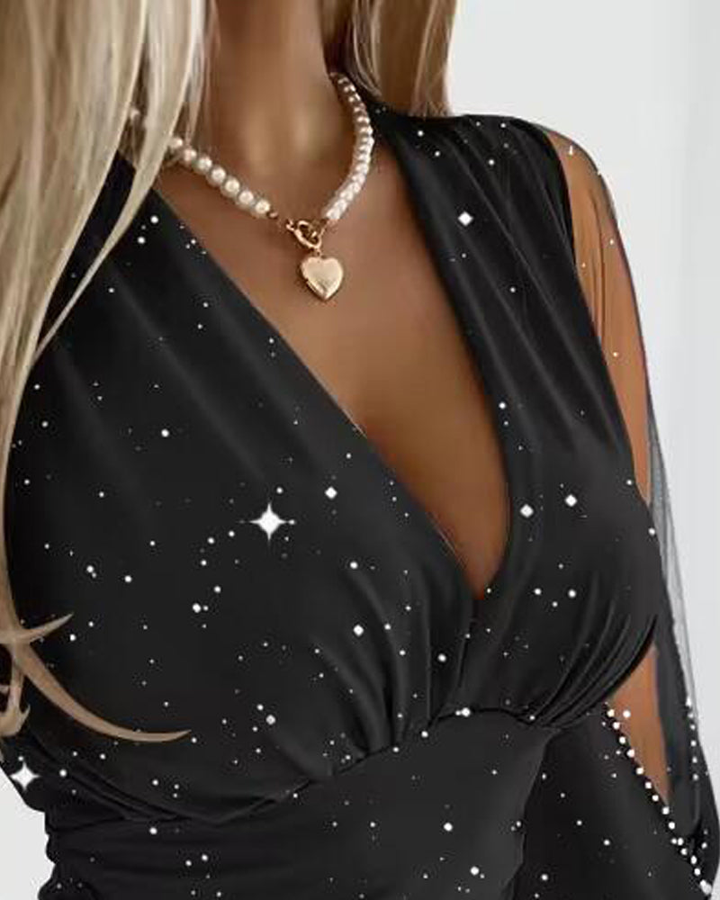 Sheer Mesh Patch Glitter Bodycon Dress 🇺🇸