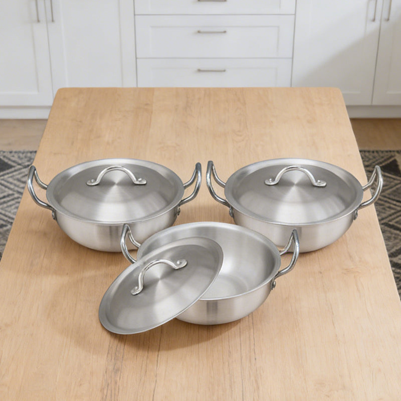 3PCS Karahi Wok Pan With Lid Metal Wire Handle Karahi Cooking Wok Indian Kadai Cooking Wok 3 Sizes for Sauteing Curries 🇬🇧