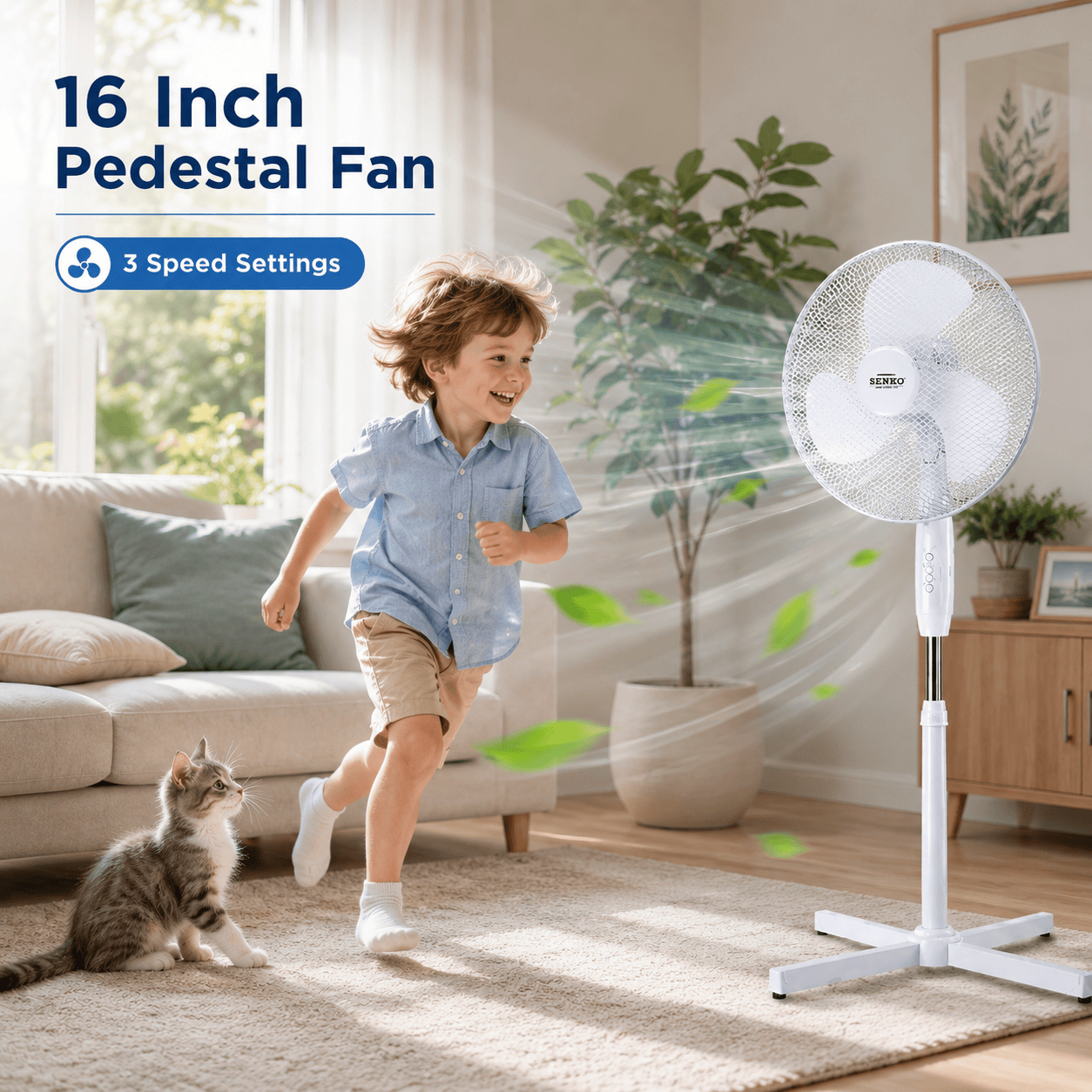 16 Inch Pedestal Fan Cross Base Stand Fan 3 Speed Settings Sturdy Base Portable Fan for Home or Small Office White 🇬🇧