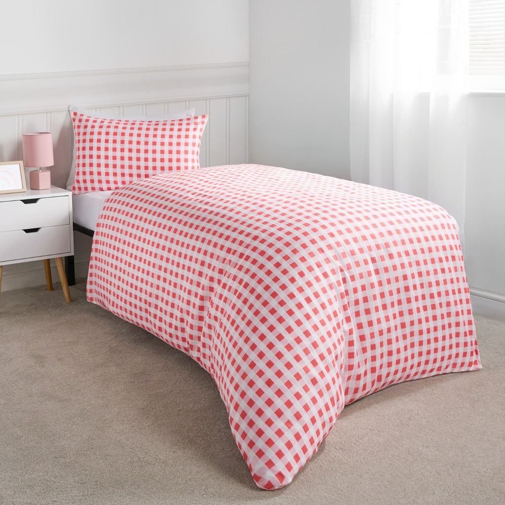 Gingham Heart Reversible Duvet Cover Set - Coral/Pink 🇬🇧