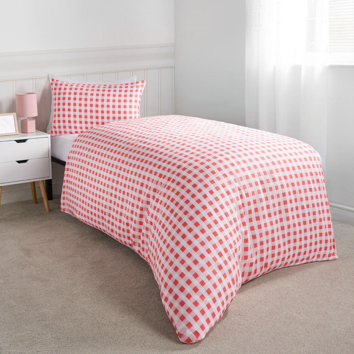 Gingham Heart Reversible Duvet Cover Set - Coral/Pink 🇬🇧