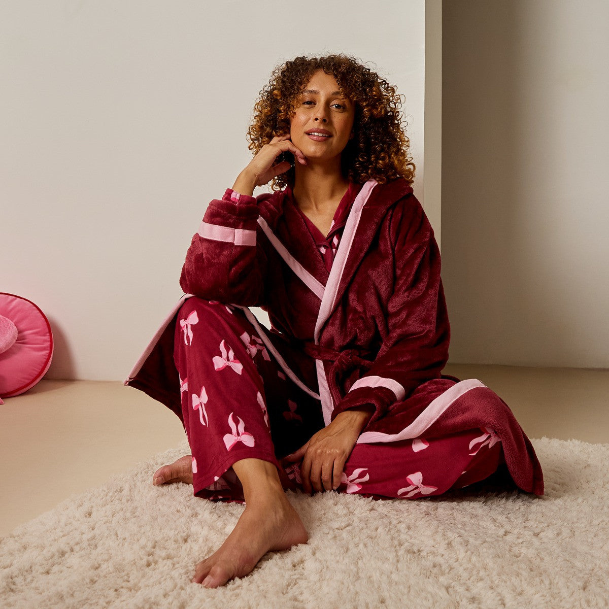 Flannel Fleece Piped Edge Dressing Gown, Adults - Burgundy/Pink 🇬🇧