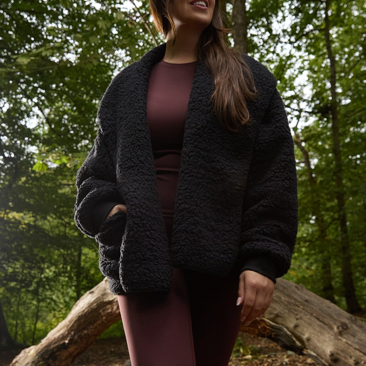 Waterfall Teddy Fleece Shorter Length Cardigan - Black 🇬🇧