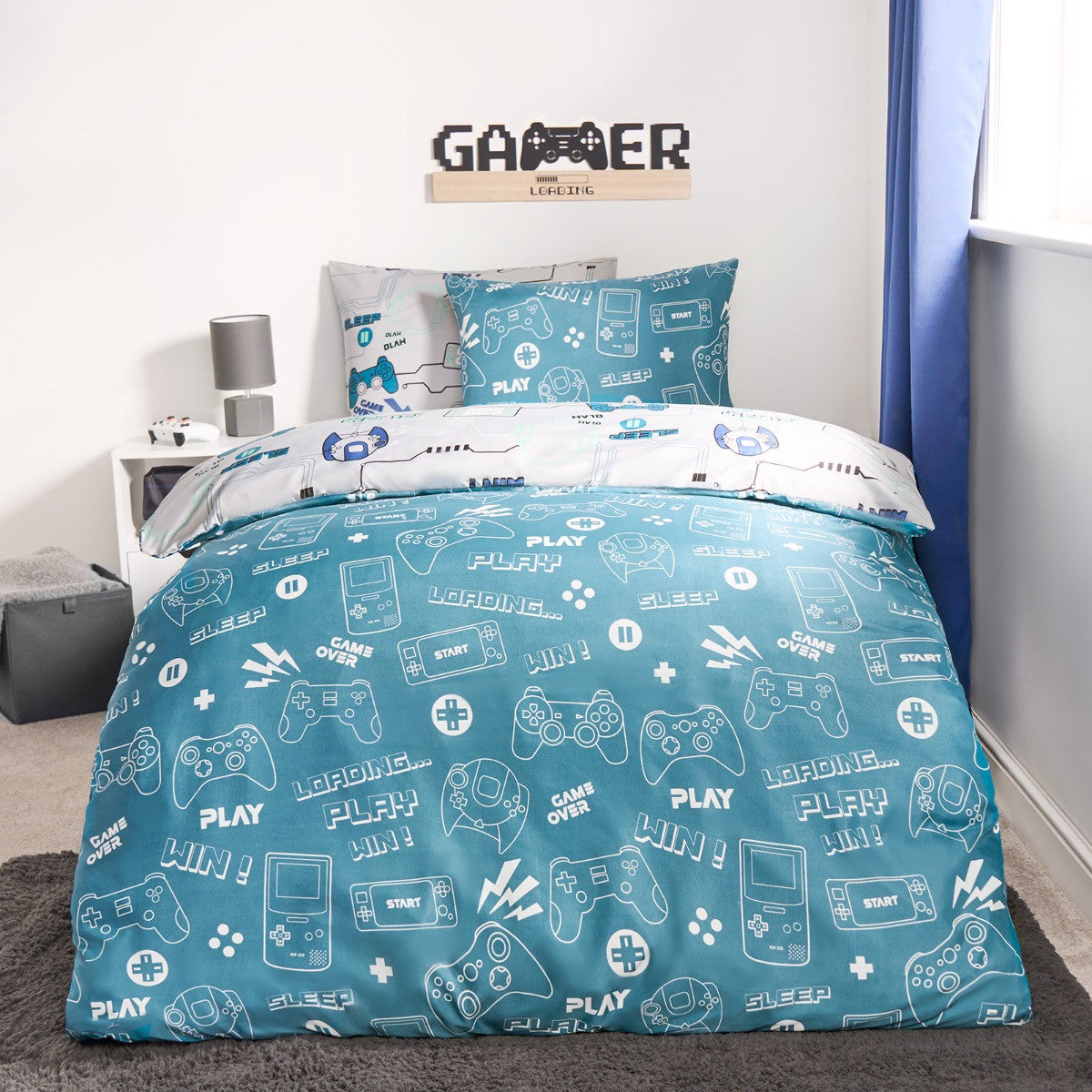 Kids Gaming Console Print Reversible Duvet Cover Set - Grey/Blue 🇬🇧