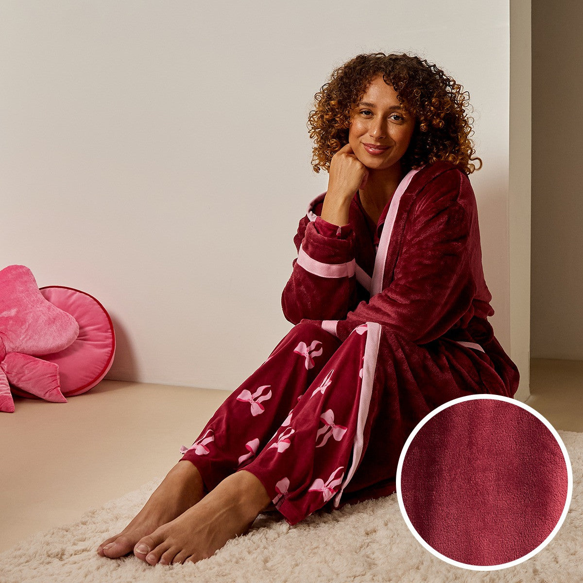 Flannel Fleece Piped Edge Dressing Gown, Adults - Burgundy/Pink 🇬🇧