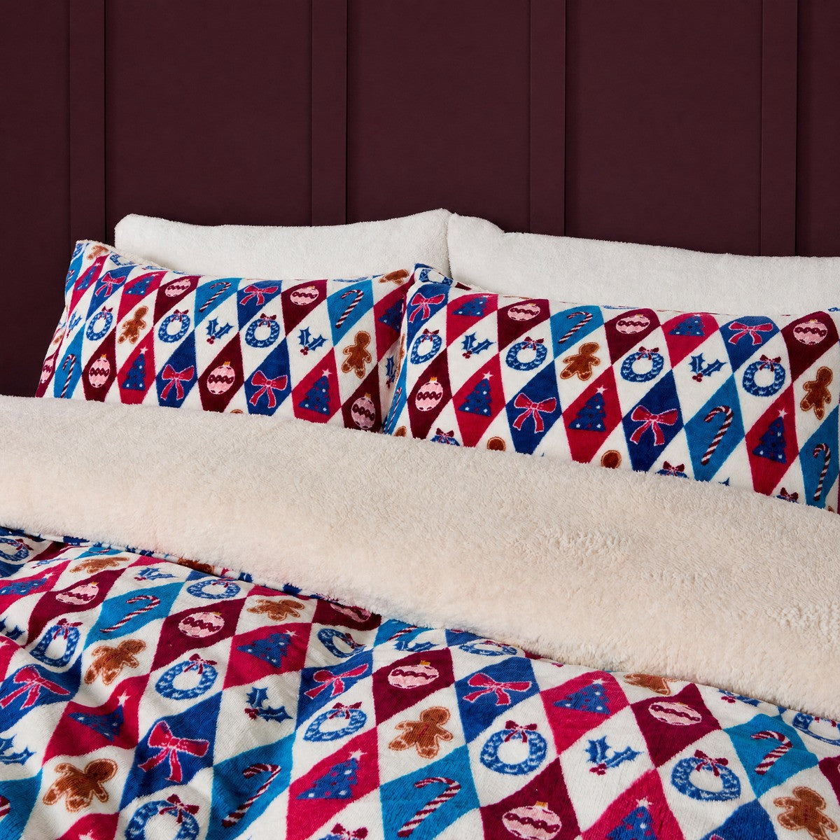 Christmas Diamond Check Sherpa Fleece Duvet Cover Set - Multi 🇬🇧