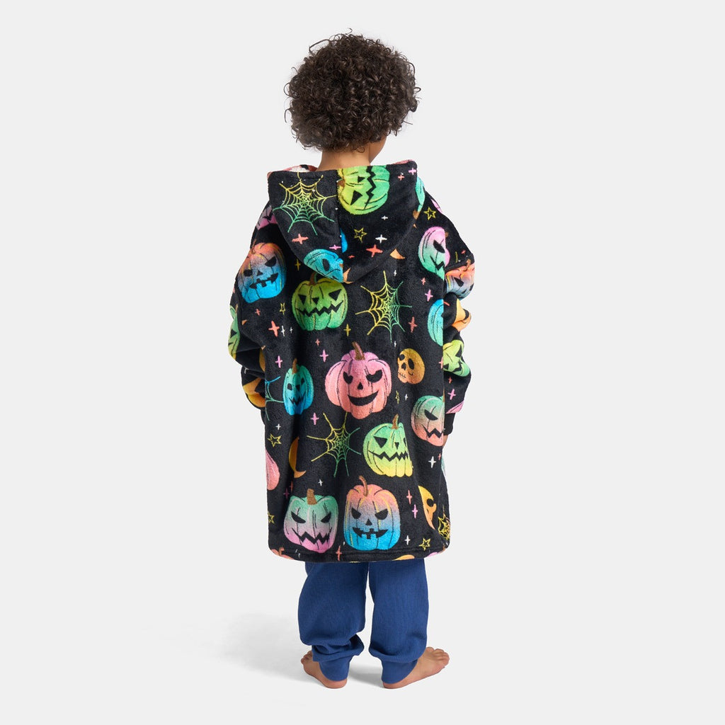 Kids Neon Halloween Print Hoodie Blanket - Black 🇬🇧