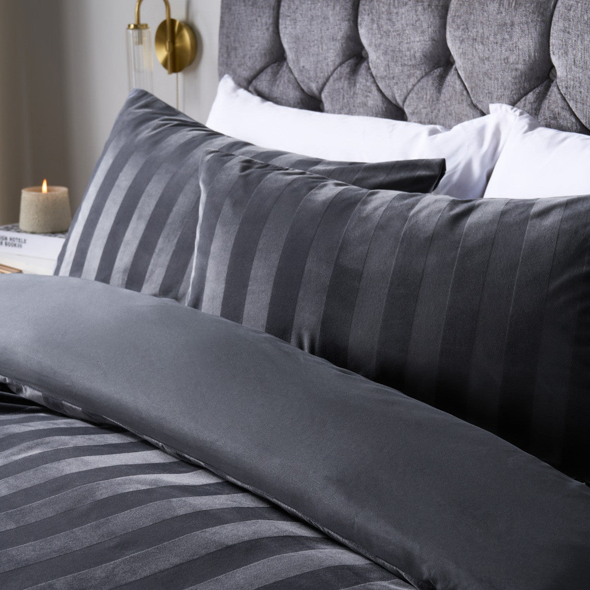 Velvet Stripe Duvet Cover Set - Charcoal 🇬🇧