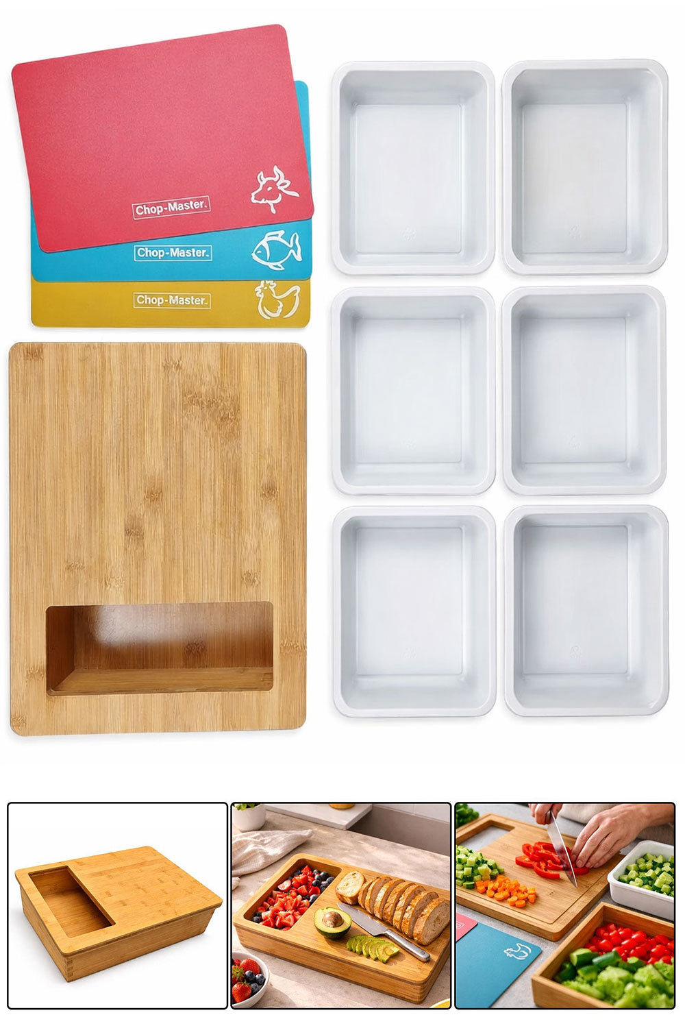 Bamboo Chopping Board with Storage Drawers & Colour-Coded Mats 🇬🇧