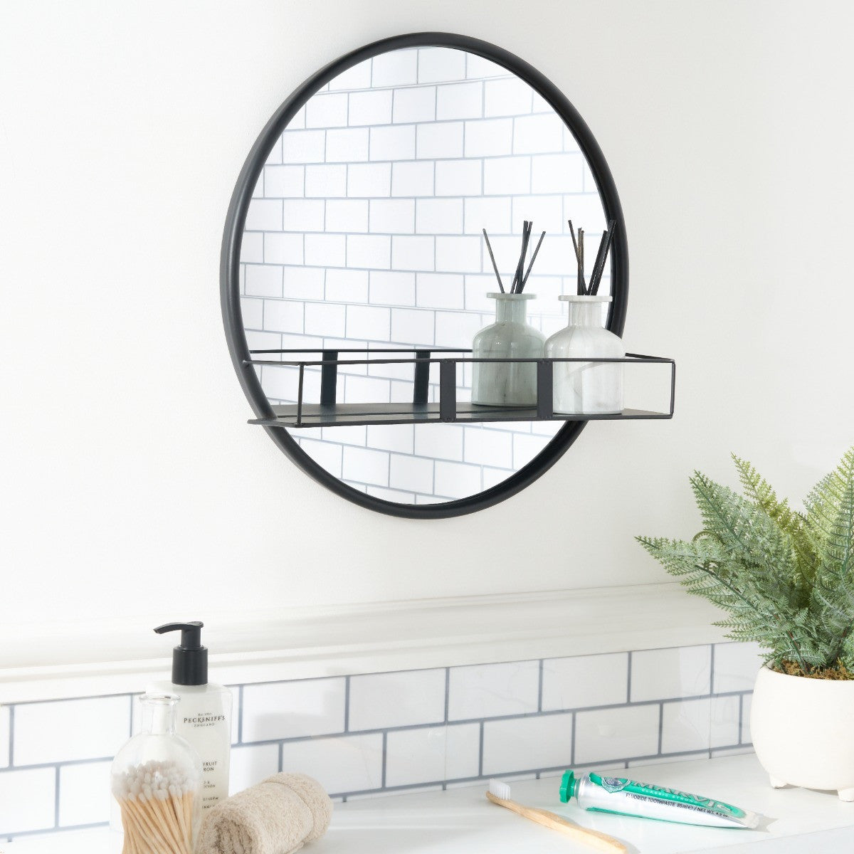 Round Mirror with Shelf - Black 🇬🇧
