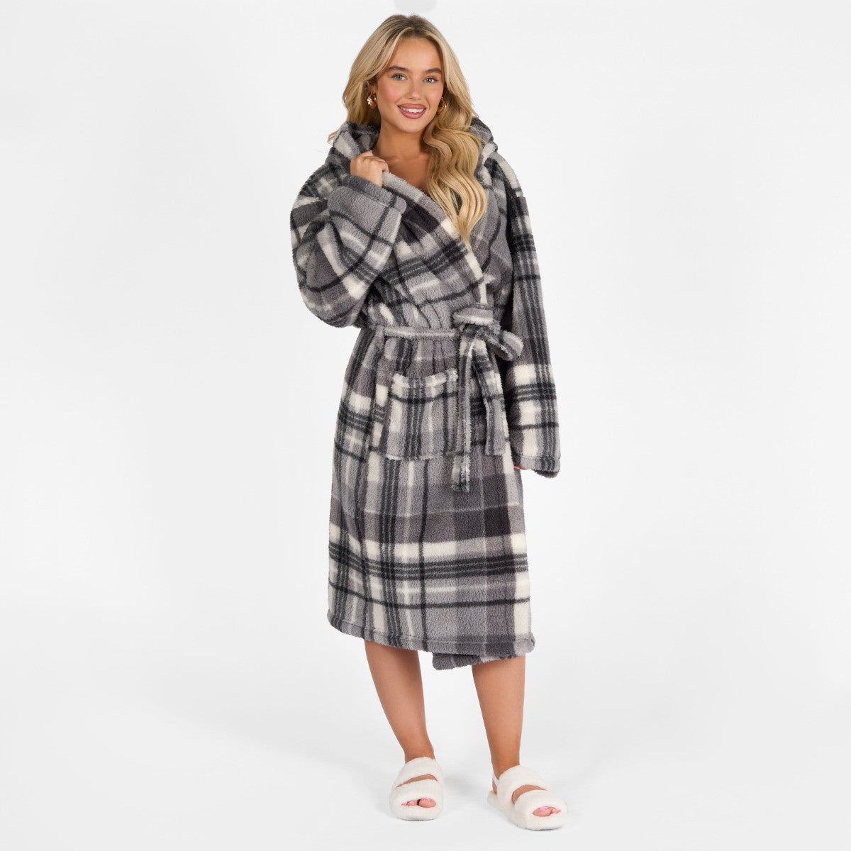 Tartan Check Print Teddy Dressing Gown, Adults - Charcoal 🇬🇧
