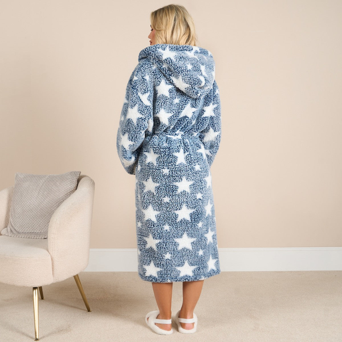 Star Print Teddy Marl Dressing Gown, Adults - Navy 🇬🇧