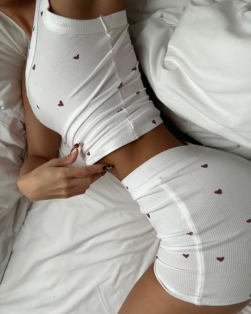 2 Pieces Outfit Heart Print U Neck Sleeveless Tank Top And Casual Strechy Waist Shorts Set Slim Fit Ribbed Pajamas Set 🇺🇸
