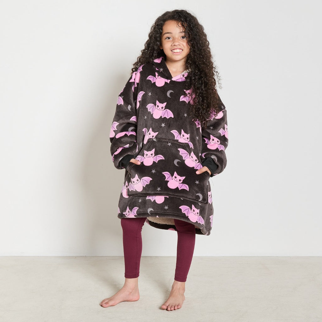 Kids Bat Print Hoodie Blanket - Black 🇬🇧