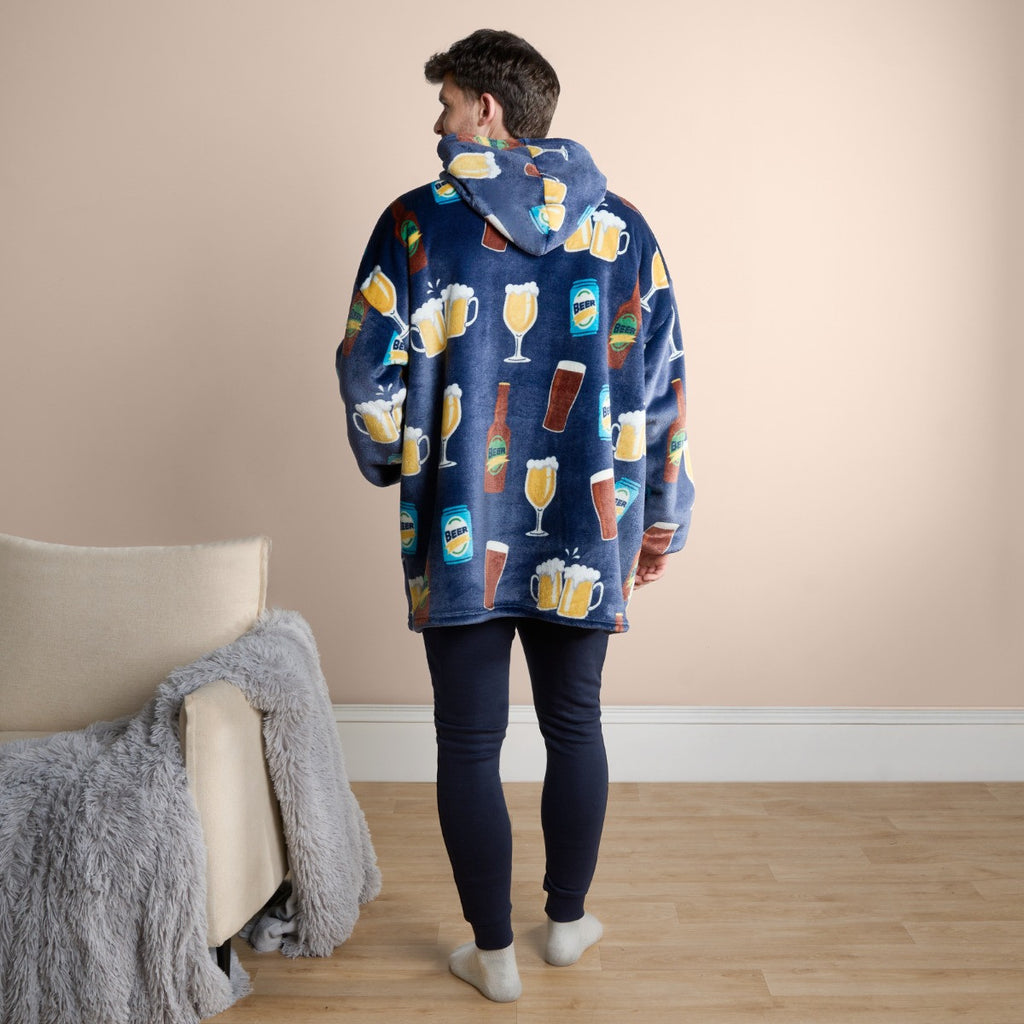 Adults Beer Pint Print Hoodie Blanket - Navy 🇬🇧