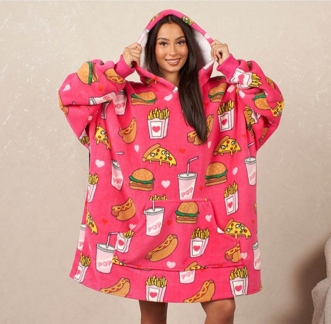 Fast Food Print Hoodie Blanket, Adults - Pink 🇬🇧