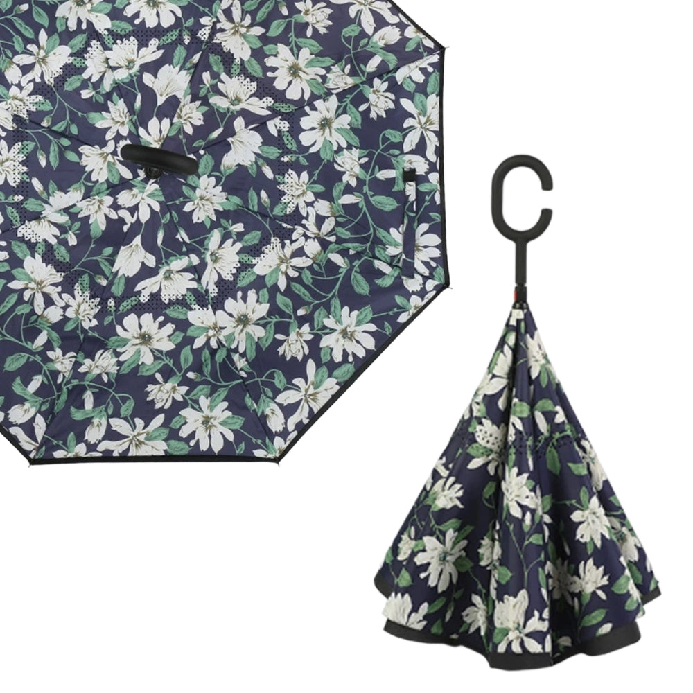 Sunflower Pattern Double Layer Inverted Umbrella Cars Reverse Open Folding Umbrellas Windproof UV Protection Large Self Stand Upside Down Straight Umbrella C Handle 🇬🇧