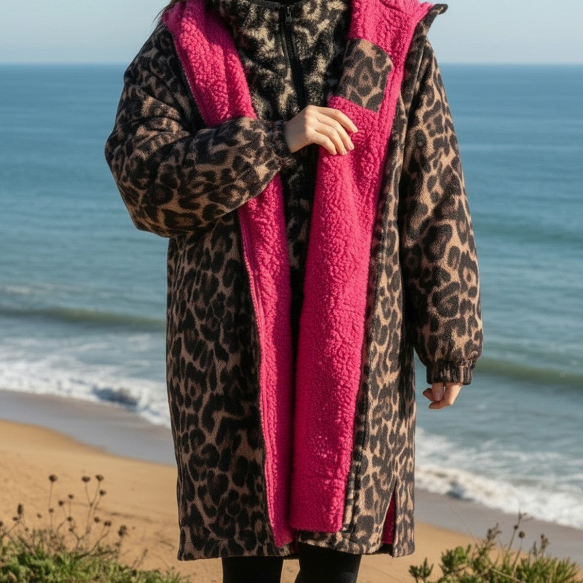 Adults Water Resistant Leopard Print Sherpa Drying Robe - Natural/Pink 🇬🇧