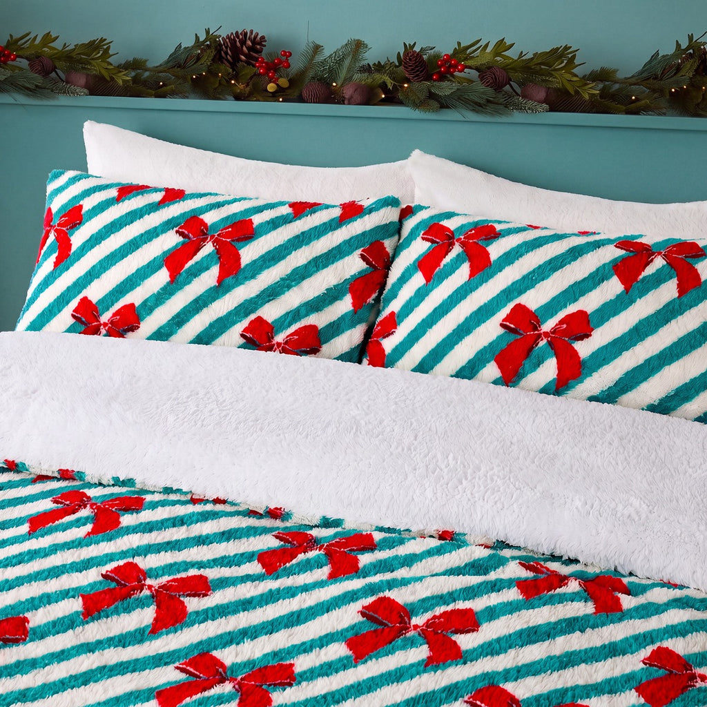 Bow Stripe Print Teddy Fleece Duvet Cover Set - Green/Red 🇬🇧