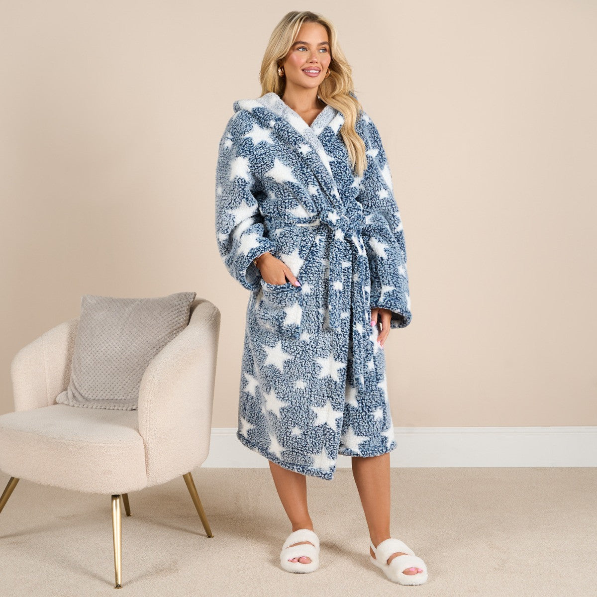 Star Print Teddy Marl Dressing Gown, Adults - Navy 🇬🇧