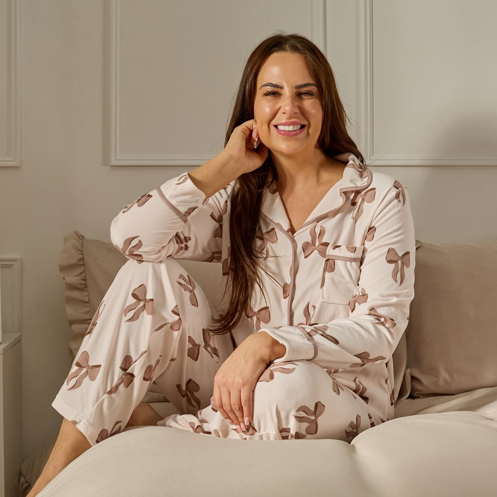 Bow Print Button Through Pyjama Set - Cream 🇬🇧