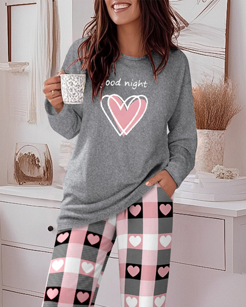 2 Pieces Outfit Good Night Slogan Print Long Sleeve Top and Plaid Print Elastic Waist Pants Set Casual Heart Print Pajamas Set 🇬🇧