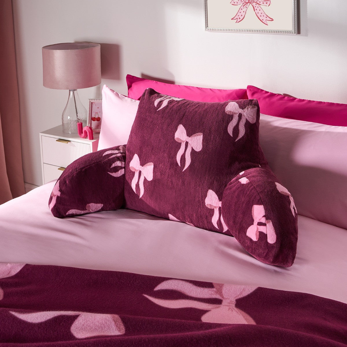 Bow Print Cuddle Cushion - Burgundy 🇬🇧