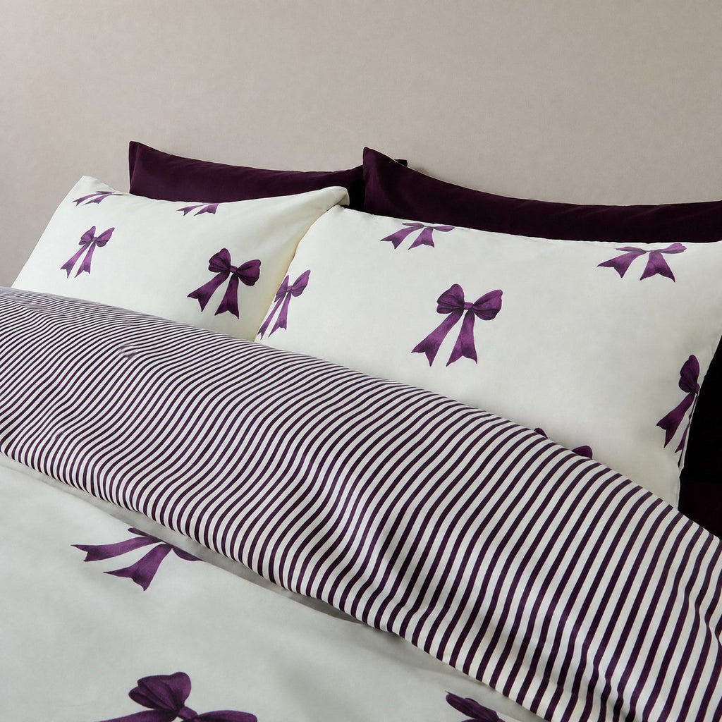 Bow and Stripe Duvet Cover Set - Plum 🇬🇧
