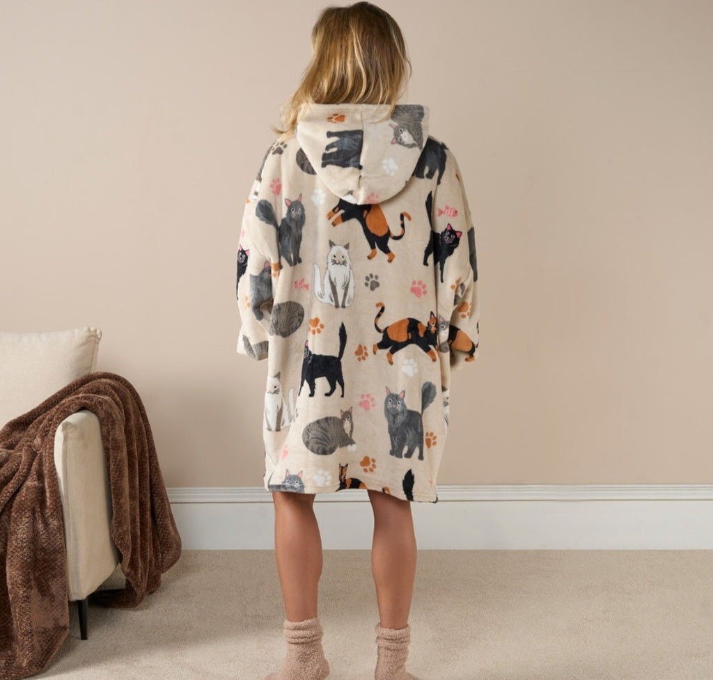 Adults Cat Print Hoodie Blanket - Beige 🇬🇧