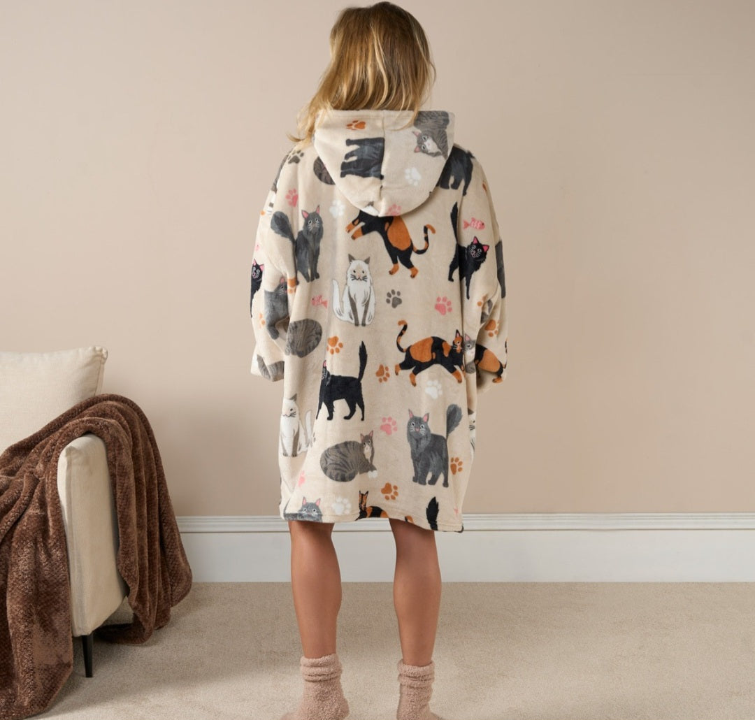 Adults Cat Print Hoodie Blanket - Beige 🇬🇧
